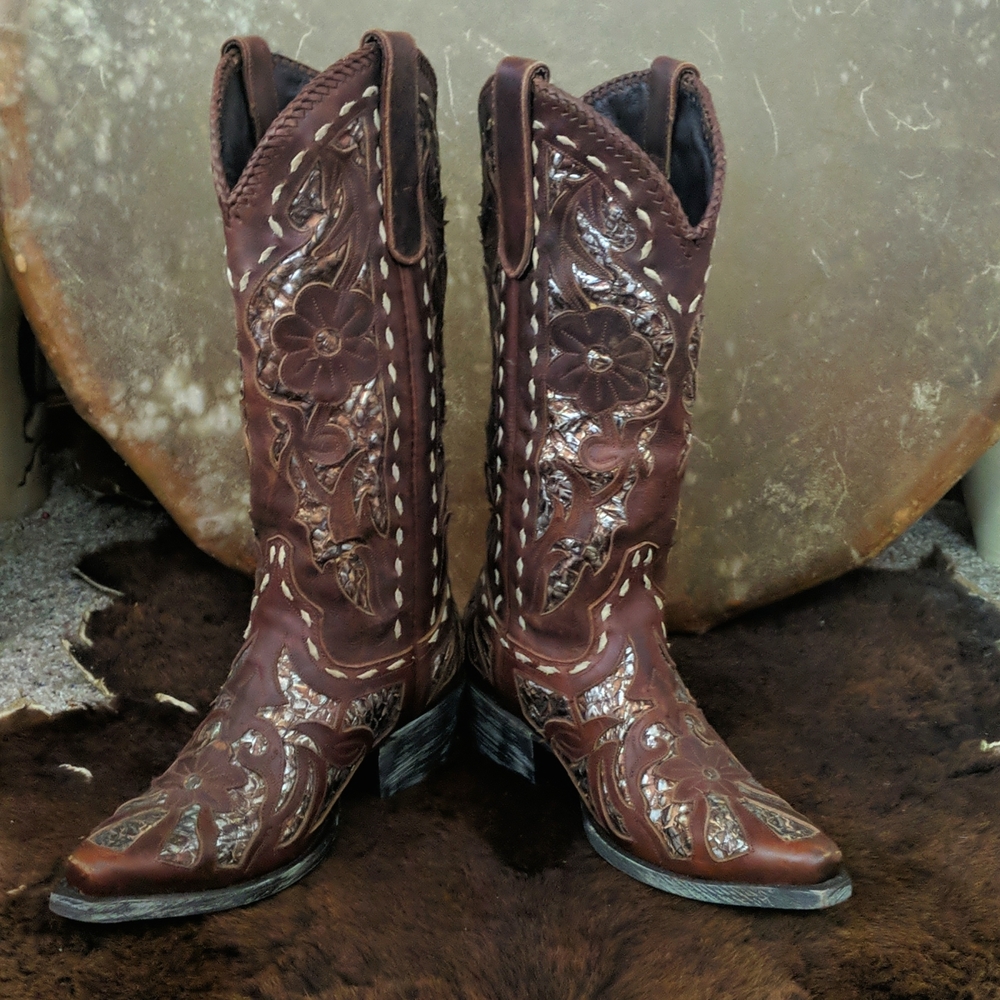 LANE "Poison" floral Chestnut brown & metallic snakeskin underlay cowgirl boots - Picture 11 of 16